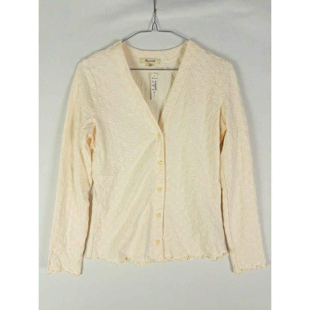 Madewell Cardigan Womens XS Cream Ivory Textured Checkered Lettuce Hem NWT